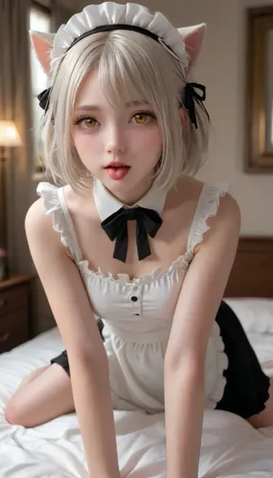 front-left view of a tall 18-year-old catgirl, she stands on the bed on all fours and stretches like a real cat cutely sticking out her tongue a little, small fangs like those of a cat are visible in the mouth, white hair, orange eyes, she is very hot, athletic build, slim waist, small boobs, <lora:dj_sloppa_ill_v2:.5>, diaona, girl, <lora:xl_diaona cat girl-000014:.5>, dress, cat, ears, eyes, heart-shaped, pupils, maid, headdress, hair, bow, <lora:Nyarutoru_xl:.5>