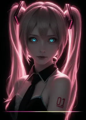 (((Hatsune Miku, limited palette, black background, colorful, vibrant, glowing outline, neon, blacklight, looking at viewer, masterpiece, very aesthetic)))
