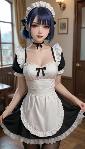 safe_pos, score_9, score_8_up, score_7_up, {1goth girl, (human, adult female, perfect anatomy, solo, perfect large round breasts, caucasian, black mascara, black pupils, black eyeshadow, black lipstick, black lips, detailed body, petite body, slim waist, slender body, slender thighs, detailed face, detailed eyes, sexy lips, big purple eyes, blue hair, short hair, ponytail, bangs, shiny skin, nose blush, blush, only 5 fingers on each hand 4 slim fingers and 1 thumb, perfect hands), outfit, (solo, kurumu kurono, ribbon, hair ribbon, hair ornament, black choker, maid outfit, maid headdress, white top, puffy white short sleeves, cleavage, black ribbon, black skirt, white apron over skirt, black pantyhose), pose, (solo, indoors, night, alone, standing, arms down, hands by sides, skirt lift, looking at viewer, sexy smile, parted lips), }, view from front