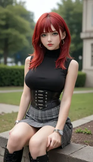 woman, long red hair with bangs, large breasts, bubble but, woman wearing fitted black turtleneck top, plaid navy patterned mini skirt, corset belt over the waist, over-the-knee boots, Simple stud earrings, watch, an artistic park, with creative sculptures, art installations, curated gardens, stylish seating