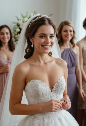 bride on wedding ceremony pull up her weeding dress and showing her pussy, smiling, hairy vagina