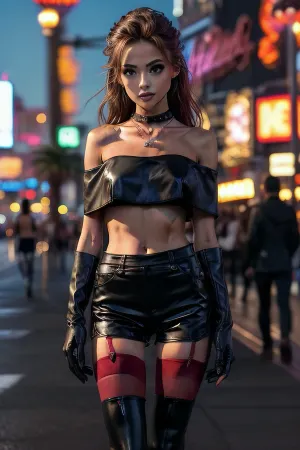 raw, 8k, (Masterpiece:1.4), (high resolution:1.4), hyper detailed hyper realistic natural petite cutie, 18 years old beautiful model, (slim), extremely gorgeous, long very shapely legs, (she is on the street, in las vegas), perfect composition of lights and shadows, warm lights, the brightest image, crystal clear focus, (super vivid colours:1.2), paine, choker, necklace, crop, top, off-shoulder, elbow, gloves, suspenders, black, shorts, boots, eyes, <lora:weight_slider_v2:-1>, <lora:more_details:.5>, <lora:paine-nvwls-v1-final:.5>, 1girl, red, legwear, standing, thighhighs, underwear, pantyhose, <lora:红色丝袜:.5>