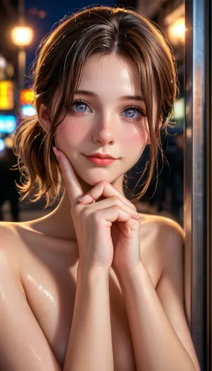 Girl, skinny 16-year-old, ((((ALisa_Selezneva)))), with brown wave hair shag haircut, twilit city street visible through window in background, twilight, evening, city lights, steel window frame, absolutely naked, ((submissive)), ((lovely)), (((in very sexual erotic pose))), brown short hair, short ponytail, full body, (((full body view))), (((high detailed legs))), (((high detailed fingers))), ((very much want have sex)), ((high detailed pores on skin)), well-build body, medium tits, small lips, lots of freckles face and skin, blush on the checks and nose, (raised nasal tip, upturned button nose, upturned nose, delicate nose, nose), hypnotized loving grey eyes, brown wild wet hair with sidelocks, very sexy smile, <lora:ALisa_Selezneva_V5:.5>