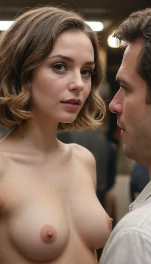 man fondling woman's perky natural breasts, woman has wavy bob haircut, woman is looking at viewer, man is facing away from viewer