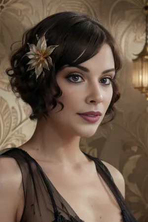 (4K UHD ultra-detailed RAW photo), finely detail, highres, (photorealistic:1.4), POV, (close-up:1.2), furrowed brow, looking at viewer, ((face focus)), pixie haircut with shaved temples, A full body shot, portrayal of a stylish 1920s Southern French woman in negligee, with an expressive and beautiful smile, against a complex Art Deco patterned background, exuding The Great Gatsby's luxury. Created Using, symbiotic transform, vibrant colors, glossy textures, theatrical lighting, strong contrasts, dynamic composition, opulent accessories, ornate background details, flamboyant flair, X jazz age luxury, hd quality, ((detailed face:1.2)), HD, full lips, extreme mouth detail, ultra realistic freckles, detailed skin, realistic skin, High Res, 4k, ultra-detailed, masterpiece, ultra high res, 8k uhd, dslr, high quality, detailed skin texture masterpiece, Ultra realistic, natural skin tone, high definition, natural look, black, negligee, <lora:Black Negligee By Stable Yogi:.5>, art_deco_fusion, <lora:art_deco_fusion-10:.5>, <lora:DDlipbit_v2:.5>