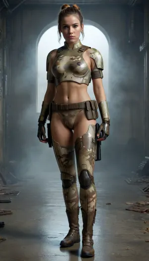 Star Wars stormtrooper, Cinematic lighting.perfect face, masterpiece, perfect lighting, intricate, incredible detail, urban, standing, cinematic atmosphere, misty, 2 nude stormtrooper woman with short hair ponytails woman naked, nude woman, ((deeply tanned)), beautiful 18 years old, dynamic, stretching, fighting pose, (harness armor urban white camo, holster, Dual Swords), (full body view from head to toe), (((full body))), (full body in the picture:1.3), ., stormtrooper, (color), Star, Destroyer, Interior, shirtspread, ral-camo, ichimonji, <lora:sdxl_lora_stormtrooper:.7>, <lora:877203_training_data:.5>, <lora:shirtspreadv10_SDXL:.3>, <lora:ral-camo-sdxl:.7>, <lora:Ichimonji:.5>