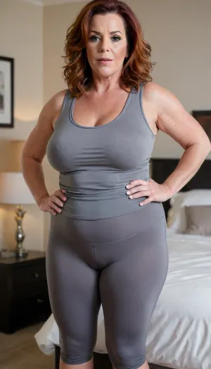 Fat Andi James, milf, mature, chubby, sagging, massive hips, massive thighs, FUPA, high-waist leggings, sleeveless t-shirt, Erotic seductive look, blurred bedroom background, clothes, cameltoe, fat，, chubby，, <lora:chubbyladyXL2.0:1.9>