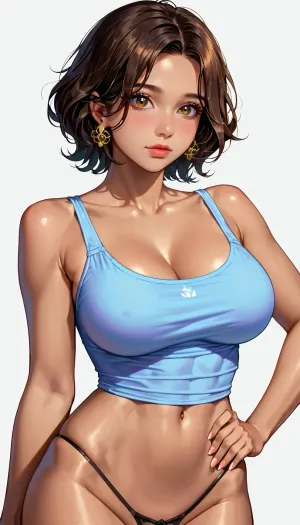 1girl, (latina, brown skin, dark brown hair, straight short hair, giant breasts, athletlic body, wearing a tank top and a micro thong), (perfect pussy), (very detailed faces:1.2), (teardrops detailed giant breasts), (white background), (posing:2), 4ng3l, face, linkie, <lora:SDXL_BetterFaces-LoRA_v1:1.5>