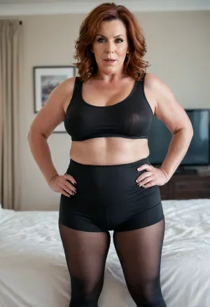 Fat Andi James, milf, mature, chubby, sagging, massive hips, massive thighs, FUPA, high-waist black leggings, sleeveless t-shirt, Erotic seductive look, blurred bedroom background, clothes, cameltoe, fat，