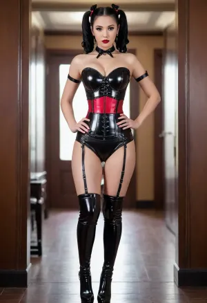 full portrait of woman, with legs, with feet, realistic proportion, front view, strict look, horny look, beautiful, cute tall, e, sexy, dark skin tone, 20 years old, mistress, chinese, black hair, pigtails, (black latex corset:1.4), ((garter belt and stockings)), lipstick, ((eyeshadow)), ((sexy makeup)), earrings, (large breasts:1.2)