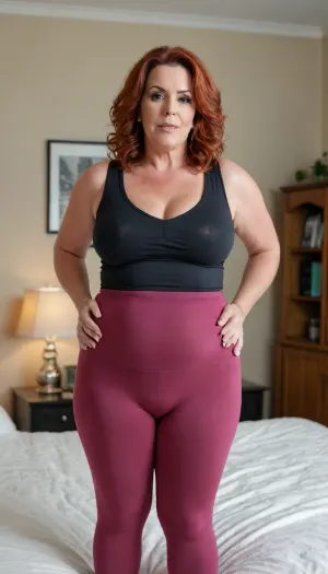 (Looks like fat Andi James), bbw milf, mature, very chubby, sagging, massive hips, massive thighs, FUPA, high-waist tight leggings, sleeveless t-shirt, Erotic seductive look, blurred bedroom background, fat pussy, huge cameltoe