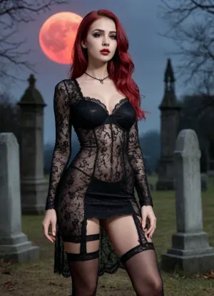 44 gothic girls posing in a graveyard, night, 4girl, big red moon, (((4girls))), 8k, photoreal, high quality, perfect tall body, long legs, intricate hairstyles, very transparent lace gothic dress, (black lace stockings), high heels platform, ((sexy slut poses)), (((pussy visible))), (((tits visible)))