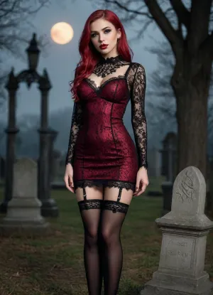 4 gothic girls posing in a graveyard, night, 4girl, big red moon, (((4girls))), 8k, photoreal, high quality, perfect tall body, long legs, intricate hairstyles, ((very transparent lace gothic dress), (black lace stockings), high heels platform, ((sexy slut poses)), (((pussy visible))), (((tits visible))))