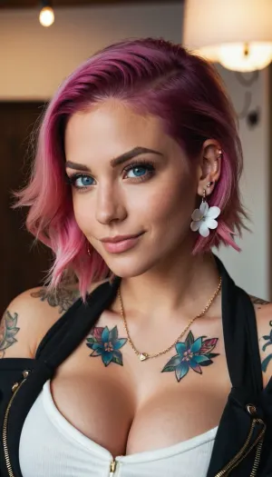 1girl, tattoo, breasts, pink_hair, solo, mole, long_hair, neck_tattoo, piercing, smile, blue_eyes, looking_at_viewer, mole_on_breast, jacket, ear_piercing, cleavage, tank_top, upper_body, chest_tattoo, eyebrow_piercing, parted_lips, black_jacket, arm_tattoo, large_breasts, breast_tattoo, white_tank_top, jewelry, earrings, collarbone, mole_under_eye, open_clothes, flower_tattoo, shoulder_tattoo, off_shoulder, indoors, lips, undercut, asymmetrical_hair, open_jacket, mascara, crop_top