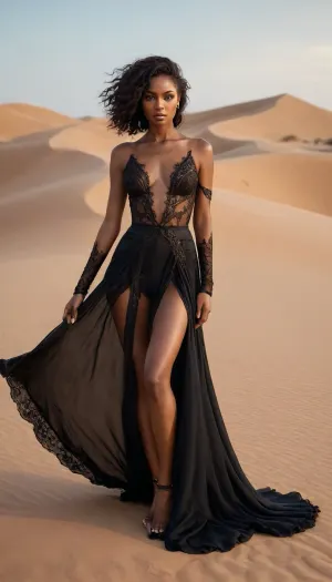 an African nude model posing in a desert landscape, golden sunlight highlighting her figure, wearing a dramatic black sheer gown with intricate lace details, high-slit design flowing in the breeze, paired with statement metallic cuffs and bold silver jewelry. She is barefoot, emphasizing raw beauty and connection to the environment. Her makeup is sultry with smoky eyes and nude lips, hair styled in voluminous waves. Captured using a Canon 5D Mark IV, shot at eye level with a low aperture, (f/2.8), to create a blurred background, the arid dunes stretch endlessly behind her, adding depth and contrast to the sharpness of the model’s form. The warm, golden hues of the environment complement the dramatic black of her attire, creating a visually striking composition.