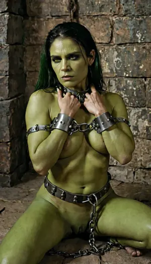 woman, slave female orc restrained in a donjon, slave_restraints, outfit, green skin, abs, ultra reveling slave cloths, <lora:Female_Orc-F1D-V1:.5>, <lora:slave_restraints:.5>