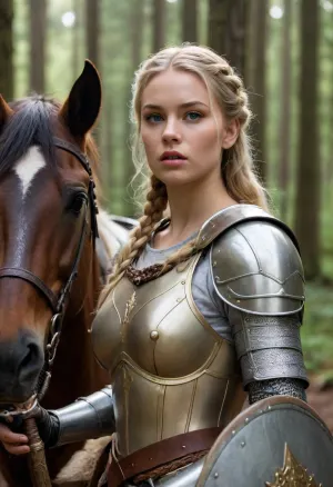 26 year old blonde knight, long hair, braided hair, horse, juicy lips, armour, sword, shield, in the forest, front view, big boobs, eye contact, talking
