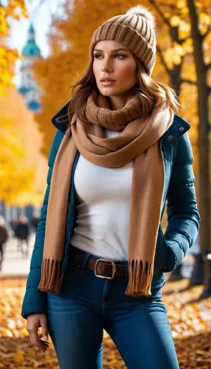 professional photo in the style of a modeling shoot of the beautiful Lara Croft in beautiful clothes warm jeans and in a warm jacket and a scarf, in the city, bright day, realistic, sharp focus, high resolution 8k, insanely detailed, intricate, elegant, autumn day November, standing on her feet, big breasts, and very beautiful, chestnut hair color and a warm hat on her head