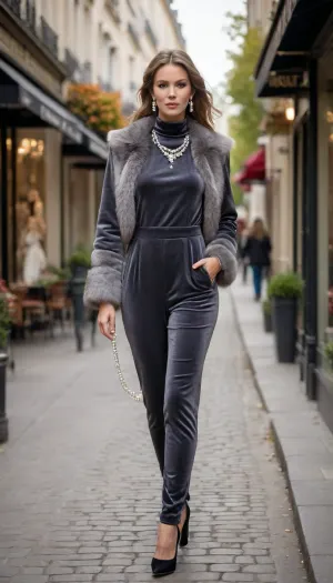 (photo taken in perfect autumn Paris street scene, sunshine, standing in front of fashion boutique:1.5), photo shows complete Person, complete body, walking pose, dynamic, realistic, perfect lighting, (best shadows), 8K, UHD, clear image, (best lighting), best quality, ultra detail, fine detail, high resolution, 8k wallpaper, masterpiece, one female, (European Swedish mom 40 years old:1.7), ((skinny with very small breasts, perky tits, big areolas, big hard nipples:1.4)), (((skinny, small, petite, height 175 cm, long perfect legs, perfect ass, narrow waist, wide hips, smaller tits, flat, chested:1.5))), (bright blue eyes, short pale blonde hair, shoulder length hair, tied in a braid at the back, individual hair strands in face:1.2), (very detailed face, beautiful, light freckles, tanned skin, full lips), ((wearing a detailed shimmering dark gray velvet turtleneck designer jumpsuit under a detailed open long wolf fur coat:1.5), (detailed high heels, big earrings, detailed pearl necklace:1.5))