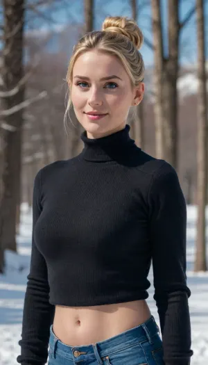 A winter's embrace: a blonde beauty stands alone in the snow-covered park, inviting the world into her moment of serenity
