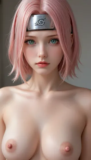 sakura haruno "naruto", short pale pink hair, large light green eyes, large forehead, thin lips, large breasts and very light skin. Konohagakure protector on headband, naked, photorealism