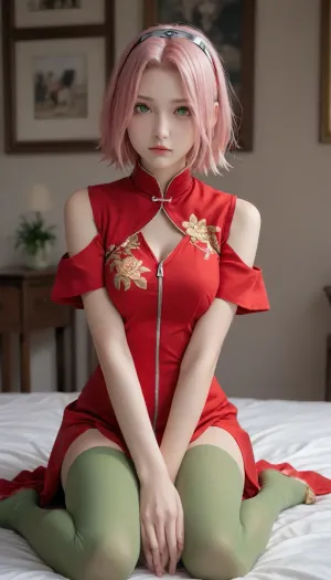 (sakura haruno "naruto"), short pale pink hair, large light green eyes, large forehead, thin lips, large breasts and very light skin. Konohagakure protector on a headband, naked, dressed in green leggings above the knees and a red qipao dress, covering only the knees, with a zipper, with short petal sleeves with white, slits on the sides of the hem, white outlines and symbols of rings of the same color, one each, on the back and sleeves.full growth photorealism