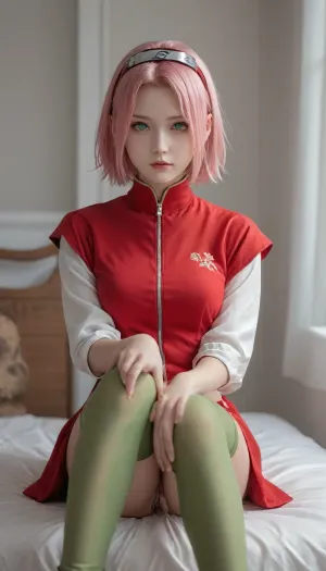 (sakura haruno "naruto"), short pale pink hair, large light green eyes, large forehead, thin lips, large breasts and very light skin. Konohagakure protector on a headband, naked, dressed in green leggings above the knees and a red qipao dress, covering only the knees, with a zipper, with short petal sleeves with white, slits on the sides of the hem, white outlines and symbols of rings of the same color, one each, on the back and sleeves. photorealism