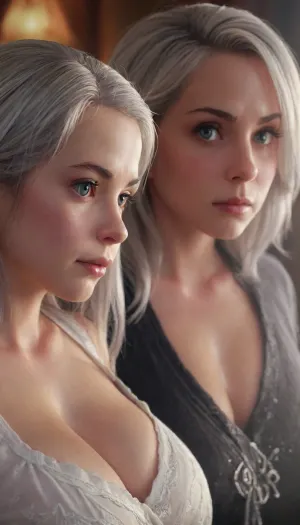Two women, a 50 year old mother with silver hair and her blonde young 20-year-old daughter, ultra detail, HD, highly detailed, <lora:milkers_v2:1.5>