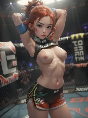 is a photograph of a young girl in her early 20s standing in the center of an octagon, (UFC ring), . She is posing confidently, her tits are exposed. Her sportswear consists of a short yellow and blue top and shorts that emphasize her slender and athletic figure. Her long red hair is braided into two braids, giving her a distinctive and stylish look.

The mixed martial arts gloves are black with white lettering “UFC”. In the background, you can see the ring grid with bright lighting, which creates the atmosphere of a professional fight. The UFC logos and advertising banners are placed along the grid, adding to the realism of the scene. The lighting focuses on the girl's face and figure, emphasizing her strength and confidence.
1girl, nipples, breasts, shirt, lift, flashing, lifted, by, self, <lora:MS_Real_FlashBoobs_Lite:.5>, <lora:ahx_v1:.5>