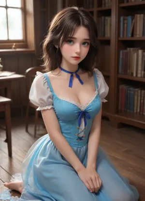 Belle from Beauty and the beast kneeling in the library, (she has long flowing brown hair tied back in a messy ponytail with a blue ribbon:1.2), . She has her blue Belle costume. Her shirt is torn and her legs are showing. Cleavage., <lora:princess_xl_v2:.5>