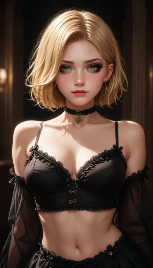 detailed, masterpiece, a woman, score_9, score_8_up, score_7_up, score_6_up, score_5_up, score_4_up, 1girl, (score_9, score_8_up:1.2), , (ashen blonde hair styled in a short pixiecut with textured waves with dark undertones), (Goth girl:1.4), submissive, lingerie, black choker, green eyes, pale skin, freckles, black lipstick, Beautiful, perfect body, detailed background, dark makeup, shy, looking away, embarrassed, flushed cheeks, blushing, big eyes, smokey makeup, Expressive, (SMUG), (lip bite:1.3), devious expression, intimate bedroom portrait, ZipRealism, sk_digitalart, <lora:sunnyrayyxo_v1_SDXLBase:.4>, <lora:SDXLFaeTastic2400:1.2>
