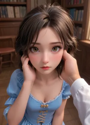 POV of, (Belle from Beauty and the beast:1.2), kneeling in the library, she looks up at the beast. The beast’s claw is visible, holding her cheek., (she has long flowing brown hair tied back in a messy ponytail with a blue ribbon:1.2), brown eyes. She has her blue Belle costume. Her shirt is torn and her legs are showing. Cleavage. She sucks on the beasts finger, <lora:princess_xl_v2:.8>