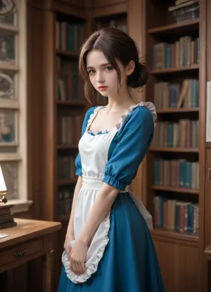 Belle from Beauty and the beast. Long brown hair pinned back in a messy ponytail. She stands in the library against a bookshelf, lifting her skirt to show her panties. She wears a blue dress with a white apron.