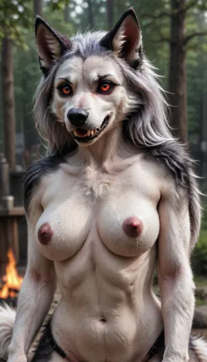 realistic photo of anthro Loona Hellhound topless, hd, photorealistic, 1080p, big breasts, soft fur, full body, outdoors, <lora:LoonaRealisticV2:1>