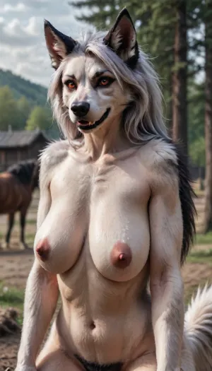 woman, realistic photo of anthro Loona Hellhound topless, hd, photorealistic, 1080p, big breasts, soft fur, full body, outdoors, horse, <lora:LoonaRealisticV2:.9>