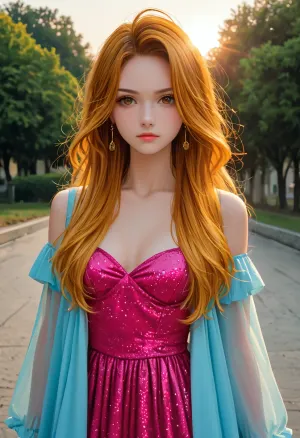 Anime lynx girl with brown long hair and brown eyes in a pink dress stands side by side next to a demon angel girl with two-tone reddish yellow hair and yellow eyes in a blue dress, anime highlights on the background of the anime park, cutie, soft detail painting, super style, anime vector graphics clear soft detailing, pleasant atmosphere, beautiful background, bright, cute anime, surreal style, sun glare glitter