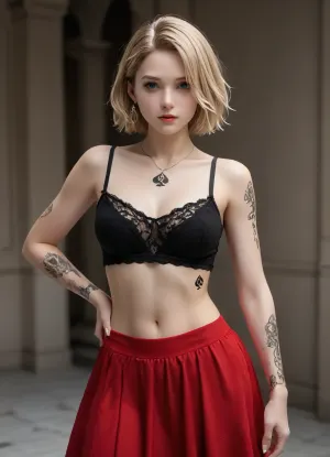lifting skirt show lingerie, crop top, erotic, sexy, fit body, blonde hair, background blured, QoS Queen Of Spades tattoo, tattooed, <lora:add-detail-xl:.5>, <lora:AzaleaXL2:.5>
