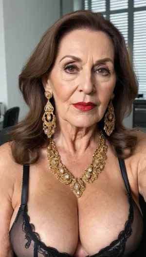old granny mature, 71 years old granny, brunette, long hair, glamour, very chubby, beautiful big black eyes, gold necklace, huge earrings, at the office, sweaty body, very tall, looking at the camera, selfie picture, face and boobs focus, red lips, granny, horny sexy face, saggy boobs, super fancy glamour, make up, very saggy boobs, sexy boobs, very big nose, pointed nose, sexy bra lingerie, most sexy granny ever, huge nose