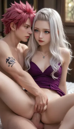 (Mirajane Strauss, (white hair), in a purple dress), fucked by, (Natsu Dragneel), anal sex, Fairy Tail guild tattoos, different sex positions