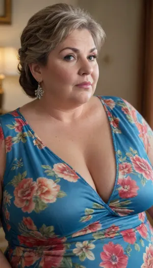 Fat mature woman, granny, (gilf:1.4), brown hair, mature fat bbw milf, fat, bbw, (chubby face:1.6), 75 years old, open blue floral dress, hoop earrings, backgroung of a room, highres, extremely detailed, 8k photo, best quality, beautiful lighting, natural light, realistic, erotic, photorealistic, photo, photography, detailed, in focus, huge, UHD 8k focus stacking