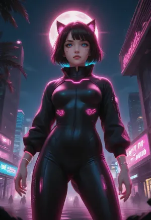 An catgirl hunts in a futuristic nighttime Tokyo, blending cyberpunk and synthwave aesthetics. The catgirl has sleek, feline features with glowing neon eyes, dressed in a tight, tactical bodysuit with glowing accents. She crouches on a rain-slick rooftop, overlooking the glowing city below. The Tokyo skyline is a mix of towering futuristic skyscrapers with neon signs, holograms, and synthwave-inspired purple, pink, and electric blue hues. The streets below are bathed in mist and neon reflections, while a huge glowing moon looms in the background. The art style resembles 1980s retro cartoons, with bold outlines, vibrant colors, and a nostalgic animated feel. The catgirl's tail flicks, and her pose conveys stealth and readiness for action., (cel-shaded:1.8), (1980s cartoon, synthwave colors, cyberpunk, neon glow, futuristic Tokyo, retro animation, bold outlines, vibrant palette, cinematic lighting:1.5), ZipRealism