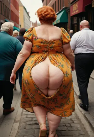 a realistic photography of a pale white obese super fat granny woman walking, 80 years old grandmother, square body, cellulite, ginger hair, from behind, bare butt, obesity, gigantic huge fat butt, oversized cellulite butt, messy ghetto city sidewalk, beautiful realistic face, (((wearing vivid old-fashioned dress lifted by male bystanders to show her butt))), (visible buttcrack:.9), best quality, fine details, flat, chest, breasts, hips, wide, plump, belly, female, <lora:Venus_Body_Alpha:.2>, <lora:WildcardX-XL-Detail-Enhancer:1.2>