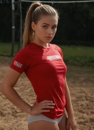 다재다능한 선수의 무고한 우아함: 큰 thighs를 가진 짧은 ponytailed caucasian 배구 softball 선수