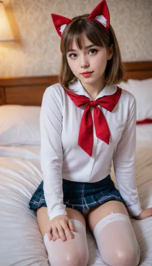 masterpiece, best quality, 1girl, ahoge, bangs, solo, cat ears, school uniform, red neckerchief, sleepy, white pantyhose, looking at viewer, on bed