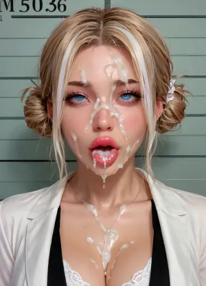 1girl, MILF, bimbo, whore, slut, slutty face, blond hair, hair is tied in a bun, lush hair, pink lipstick, large lips, duck lips, perfect face, detailed, ahegao, (rolling eyes), tongue, facial, excessive cum, mugshot, front view, cum on hair, clothed white highlights, bmbplora, <lora:bimboxl_02:1>