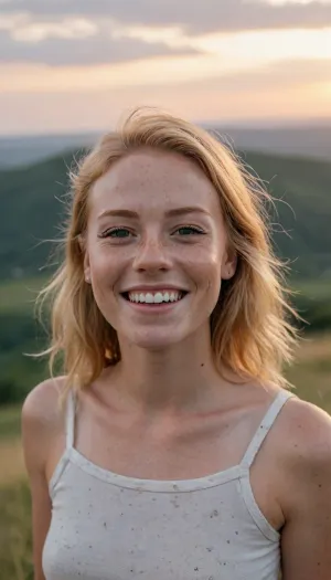 Summer's embrace: a freckled woman's sunset moment on a hilltop