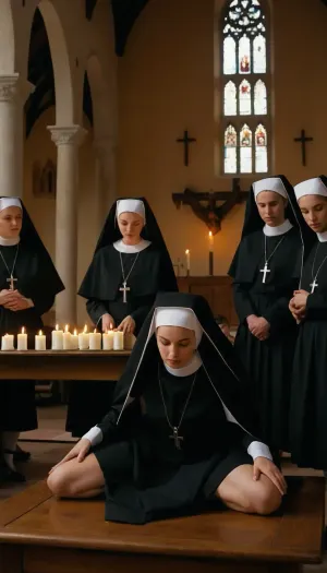 public place, uniform, nuns, church, surrounded by dressed people, a nun without a skirt lies on a table with her legs spread wide, in front of her a dressed male priest inserts a candle into her vagina, people around are watching the process with interest, masturbation, insertion, open vagina, hairy pubis