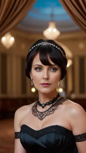 (4K UHD ultra-detailed RAW photo), high detailed, 8k, (photorealistic:1.7), Pin-up fit women 50 yo, (ball gown, elite high class ball, beautiful Victorian ball room, large ball room), (kind attitude:1.5), coloured headband, dark bob bangs haircut, 1/2 length view, (makeup:1.3), (4K, high resolution, best quality), <lora:weight_slider_v2:.9>, <lora:curly_hair_slider_v1:.1>, <lora:hair_length_slider_v1:-1>
