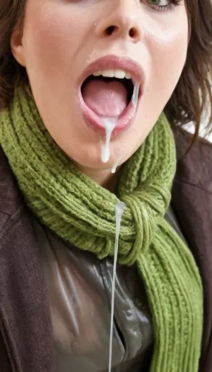 closeup of a girl's glossy lips with strings of cum between upper and lower lip, (pale skin), (dark green eyes), (strings of cum:1.3), (threads of cum:1.3), (cum between lips), (dripping cum), (cum dripping from teeth:1.3), (pink lips), (skin pores), (detailed skin), (beautiful face), (short wavy hair:1.1), (loose curls), (brunette hair), (pixie cut), (Northern European), (freckles), (cum hanging from teeth), (mouth open:1.2), (clothed:1.4), (brown cord jacket:1.2), (long, green, knitted scarf:1.1), (wearing a pullover), (realistic transparent liquid), (close up of lips:1.2)