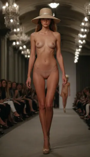 On a fashion show, female very pretty young tall slender fashion models, nude wearing only a haute cuture hat and platform heels, walking on runway, shaved pussy, long legs, busty, many spectators sitting on both sides of the runway, detailed face, detailed pussy, by P-S, by Young-mi Woo, by Monique Lhuillier, cinematic, perfect photography, <lora:493467_training_data:.9>